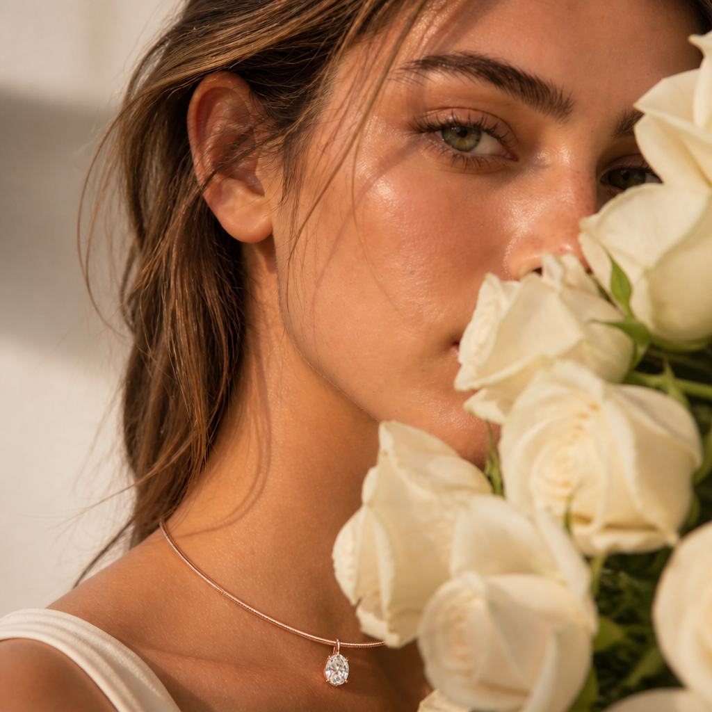 SOLVAZ Oval Moissanite Solitaire Necklace — Rose Gold on body