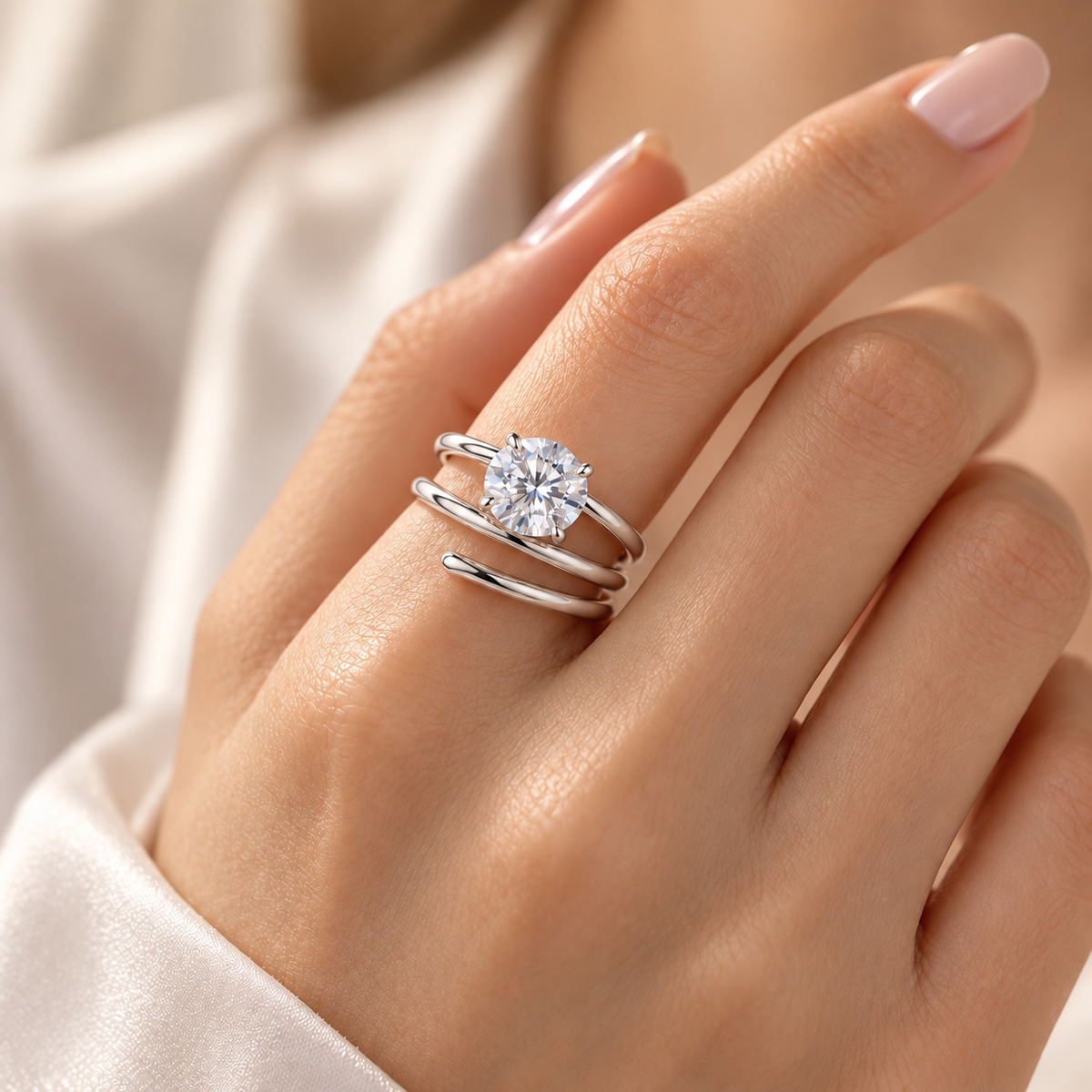 Spiral Solitaire Moissanite Ring — Silver on hand